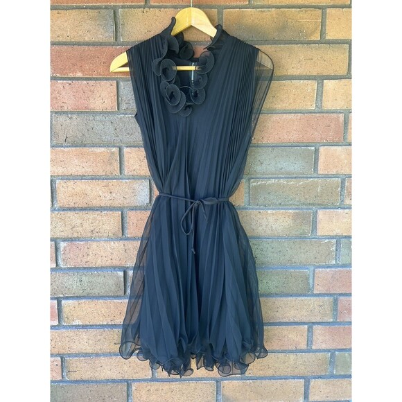 Miss Elliette Lipstick Black Sz 4 Vtg 50s 60s Pleated Chiffon Dress Lettuce Hem‎